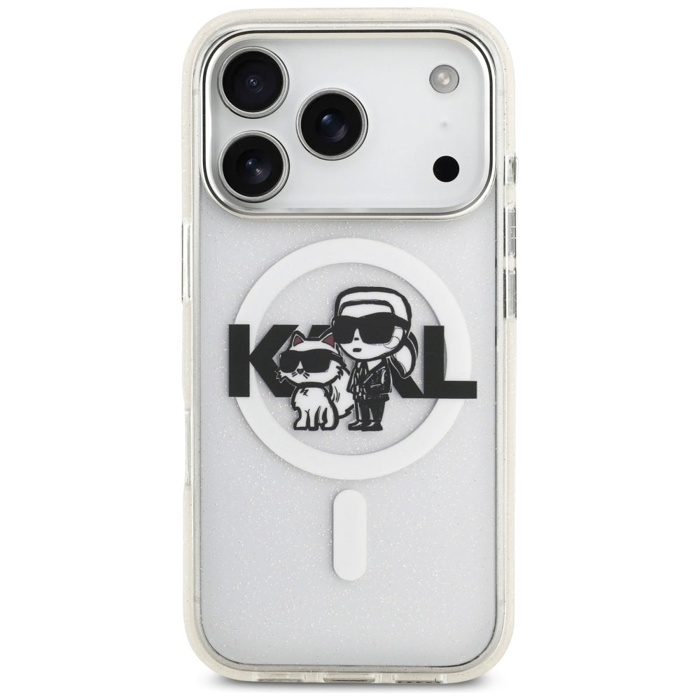 MagSafe Hülle für Apple iPhone 17 Pro, Karl Lagerfeld, IML Sketch Logo Glitter Karl & Choupette, Transparent