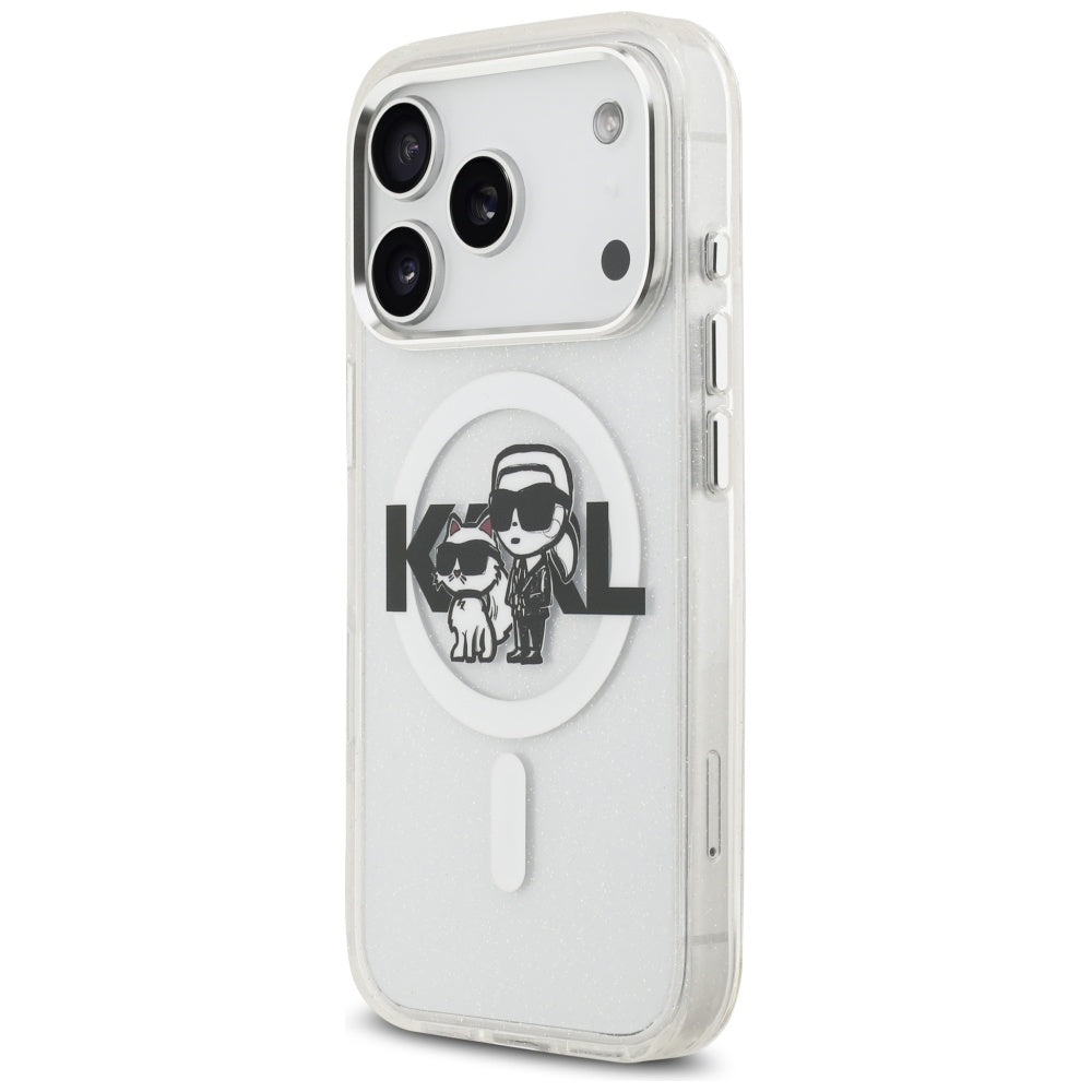 MagSafe Hülle für Apple iPhone 17 Pro, Karl Lagerfeld, IML Sketch Logo Glitter Karl & Choupette, Transparent