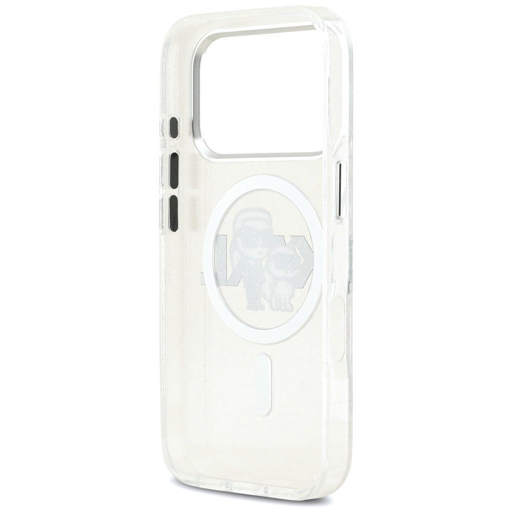 MagSafe Hülle für Apple iPhone 17 Pro, Karl Lagerfeld, IML Sketch Logo Glitter Karl & Choupette, Transparent