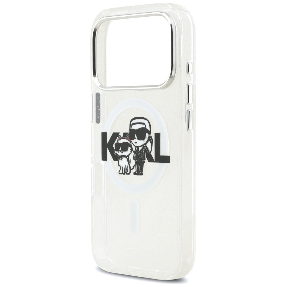 MagSafe Hülle für Apple iPhone 17 Pro, Karl Lagerfeld, IML Sketch Logo Glitter Karl & Choupette, Transparent