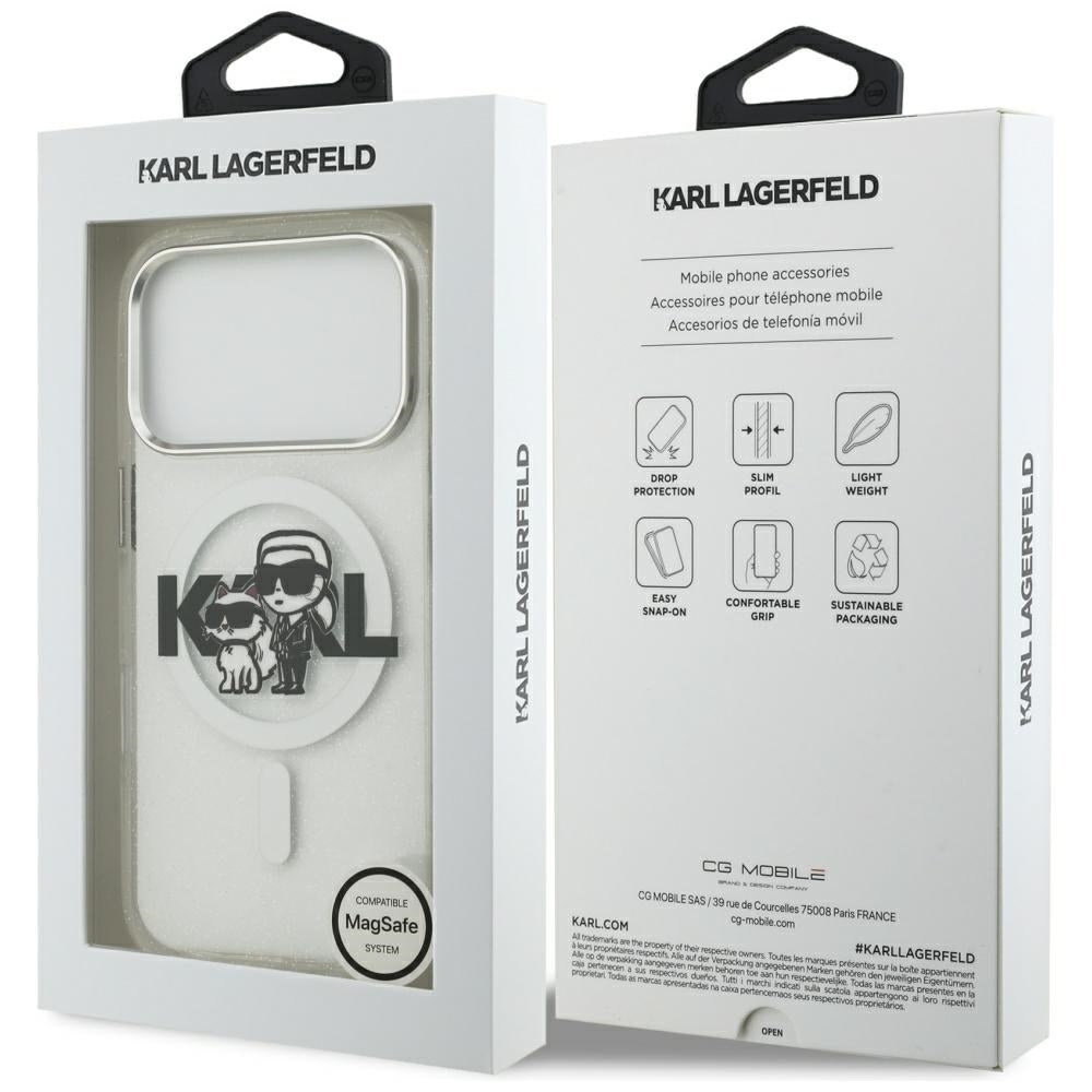 MagSafe Hülle für Apple iPhone 17 Pro, Karl Lagerfeld, IML Sketch Logo Glitter Karl & Choupette, Transparent