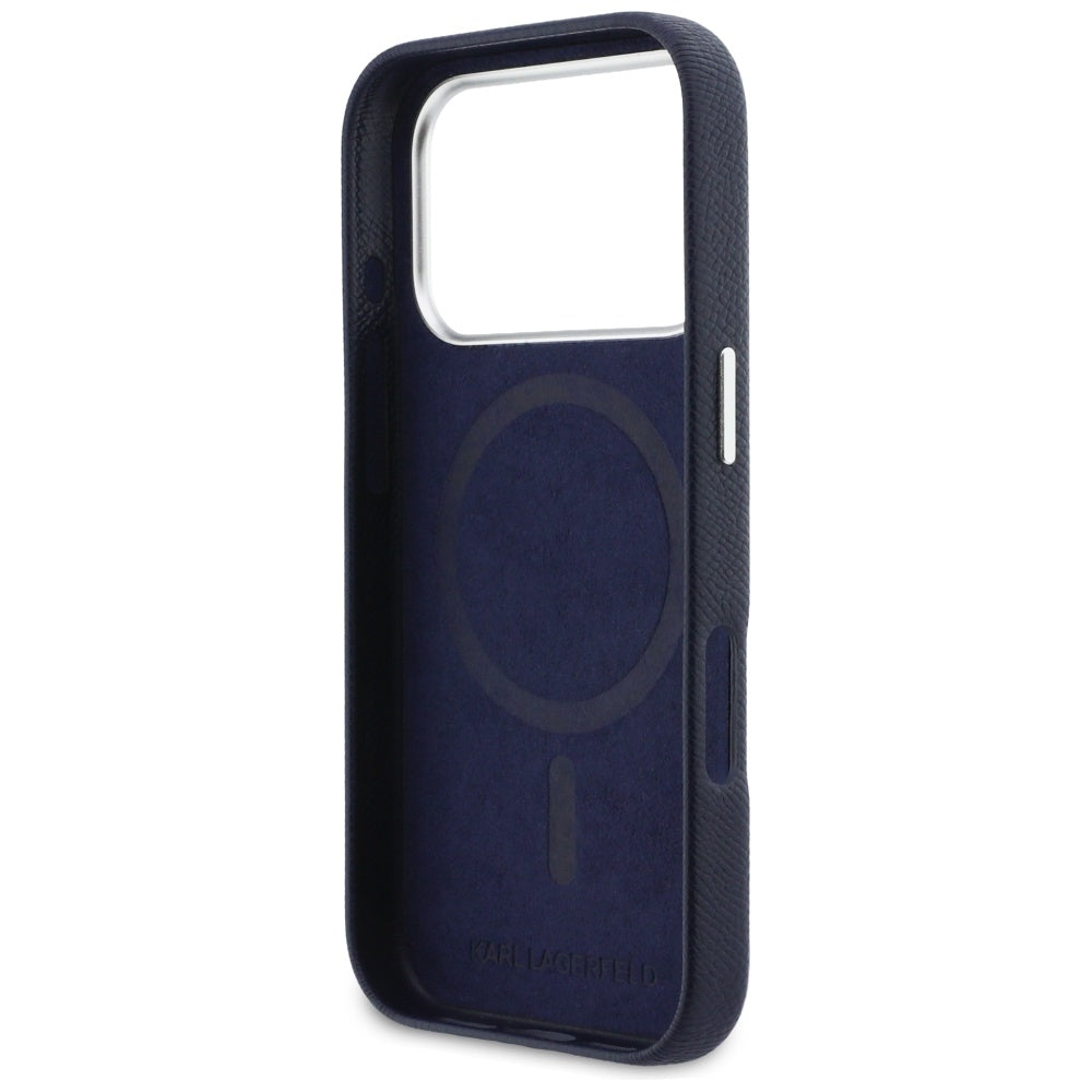 Étui MagSafe pour Apple iPhone 17 Pro, Karl Lagerfeld, Saffiano Karl & Choupette Pins, Bleu