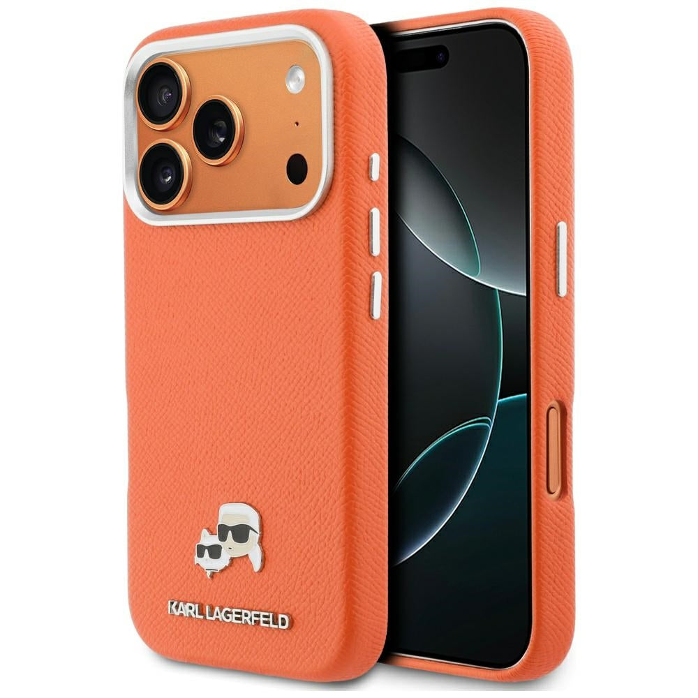 Étui MagSafe pour Apple iPhone 17 Pro, Karl Lagerfeld, Saffiano Karl & Choupette Pins, Orange
