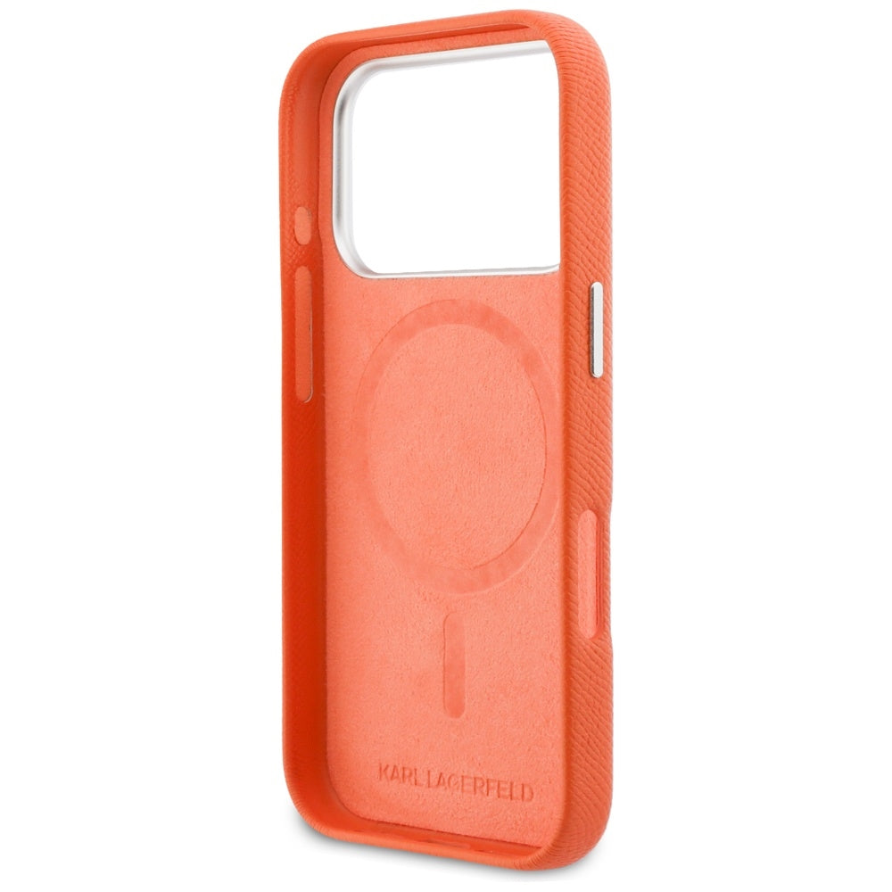 Étui MagSafe pour Apple iPhone 17 Pro, Karl Lagerfeld, Saffiano Karl & Choupette Pins, Orange