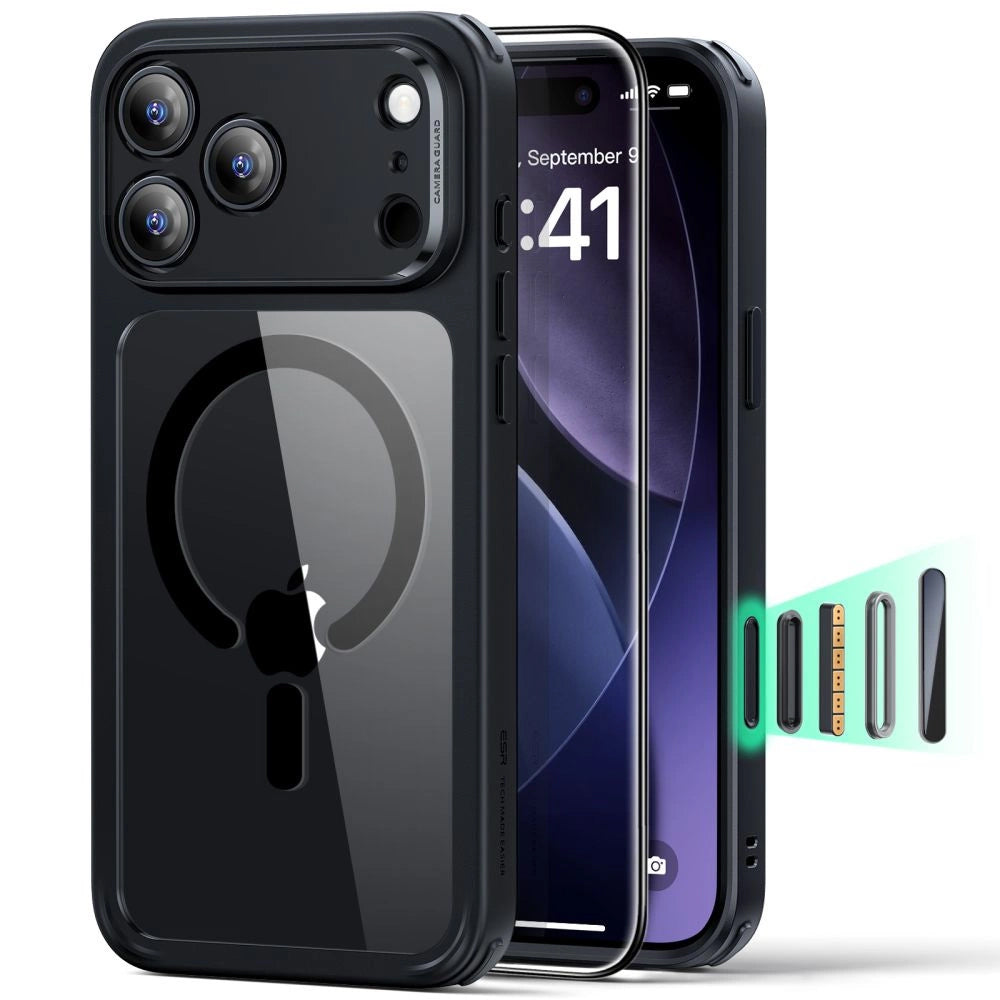 Coque MagSafe pour Apple iPhone 17 Pro Max, ESR, Classic Hybrid avec Protecteur d'Écran, Noire Transparente