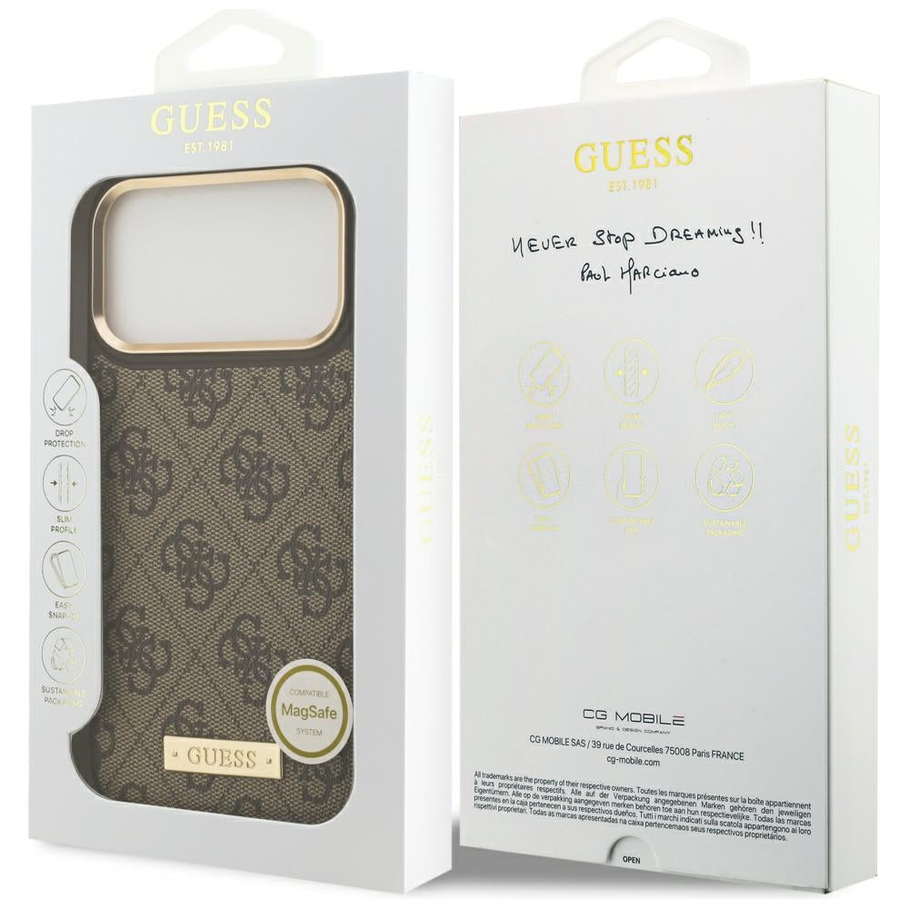 Étui MagSafe pour Apple iPhone 17 Pro Max, Guess, Plaque Logo 4G, Marron