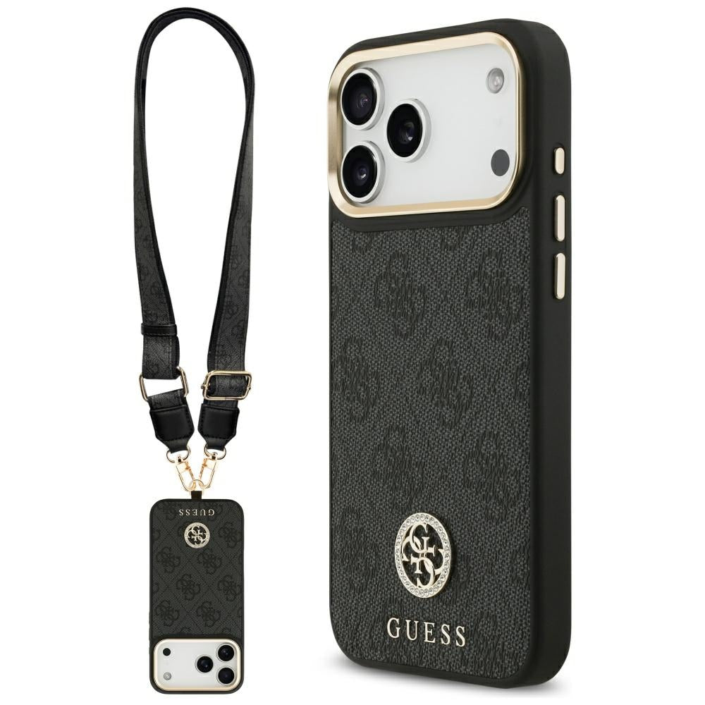 MagSafe Case for Apple iPhone 17 Pro Max, Guess, 4G Strass Logo with Big Strap, Black