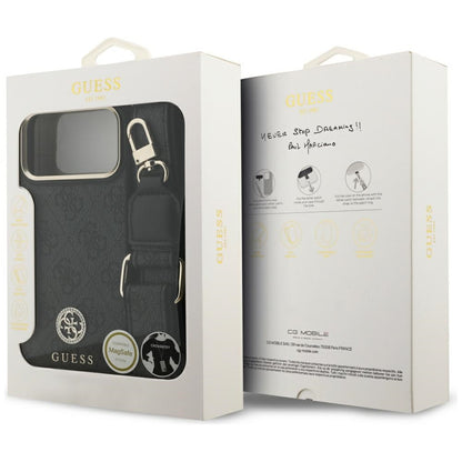 MagSafe Case for Apple iPhone 17 Pro Max, Guess, 4G Strass Logo with Big Strap, Black