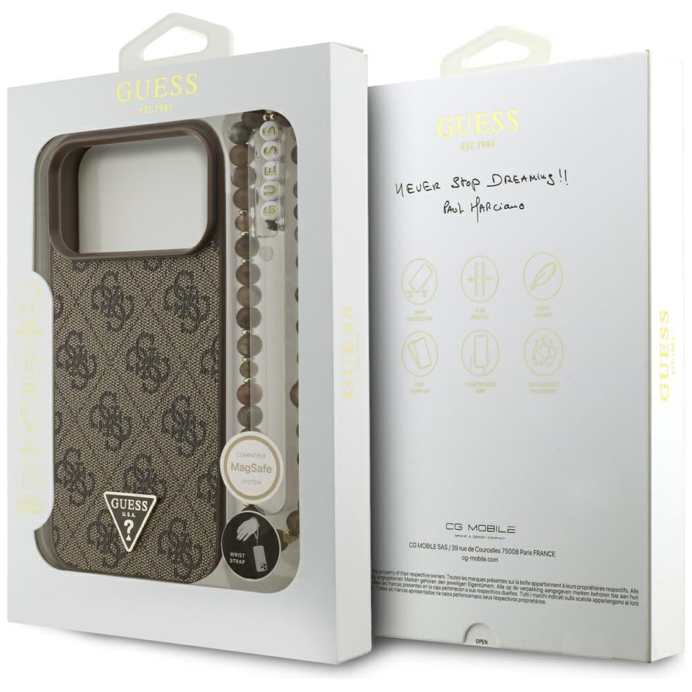 Étui MagSafe pour Apple iPhone 17 Pro Max, Guess, 4G Triangle Logo Cord Strap, Marron