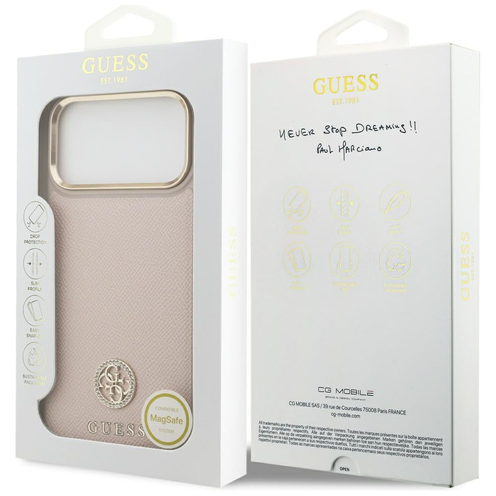 Étui MagSafe pour Apple iPhone 17 Pro Max, Guess, Logo Strass Grainé, Rose