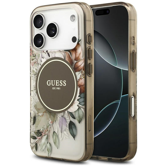 Étui MagSafe pour Apple iPhone 17 Pro Max, Guess, IML Flower & Tonal Circle, Marron