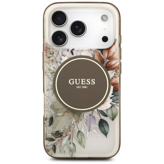Étui MagSafe pour Apple iPhone 17 Pro Max, Guess, IML Flower & Tonal Circle, Marron