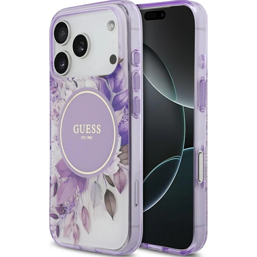 Étui MagSafe pour Apple iPhone 17 Pro Max, Guess, IML Flower & Tonal Circle, Violet