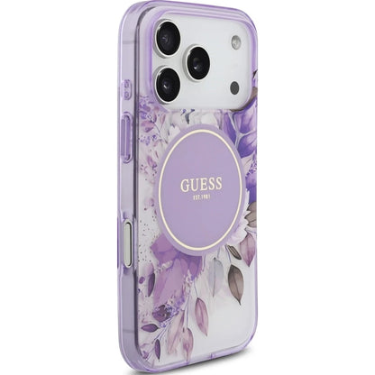 Étui MagSafe pour Apple iPhone 17 Pro Max, Guess, IML Flower & Tonal Circle, Violet