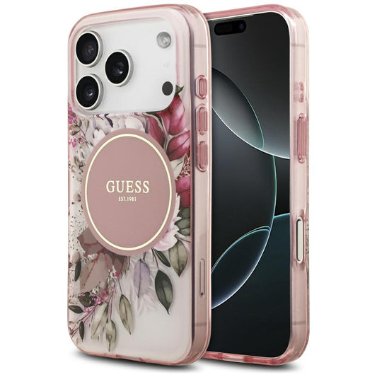 Étui MagSafe pour Apple iPhone 17 Pro Max, Guess, IML Flower & Tonal Circle, Rose