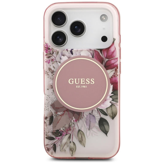 Étui MagSafe pour Apple iPhone 17 Pro Max, Guess, IML Flower & Tonal Circle, Rose
