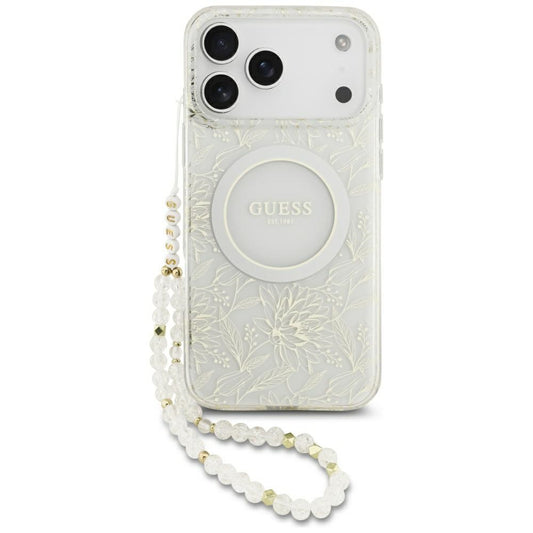 Étui MagSafe pour Apple iPhone 17 Pro Max, Guess, IML Flowers Allover Electroplated with Pearl Strap, Blanc