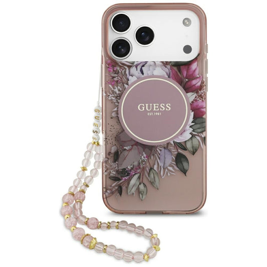 Coque MagSafe pour Apple iPhone 17 Pro Max, Guess, IML Flowers with Pearl Strap, Rose
