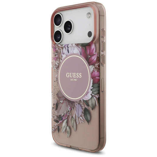 Coque MagSafe pour Apple iPhone 17 Pro Max, Guess, IML Flowers with Pearl Strap, Rose