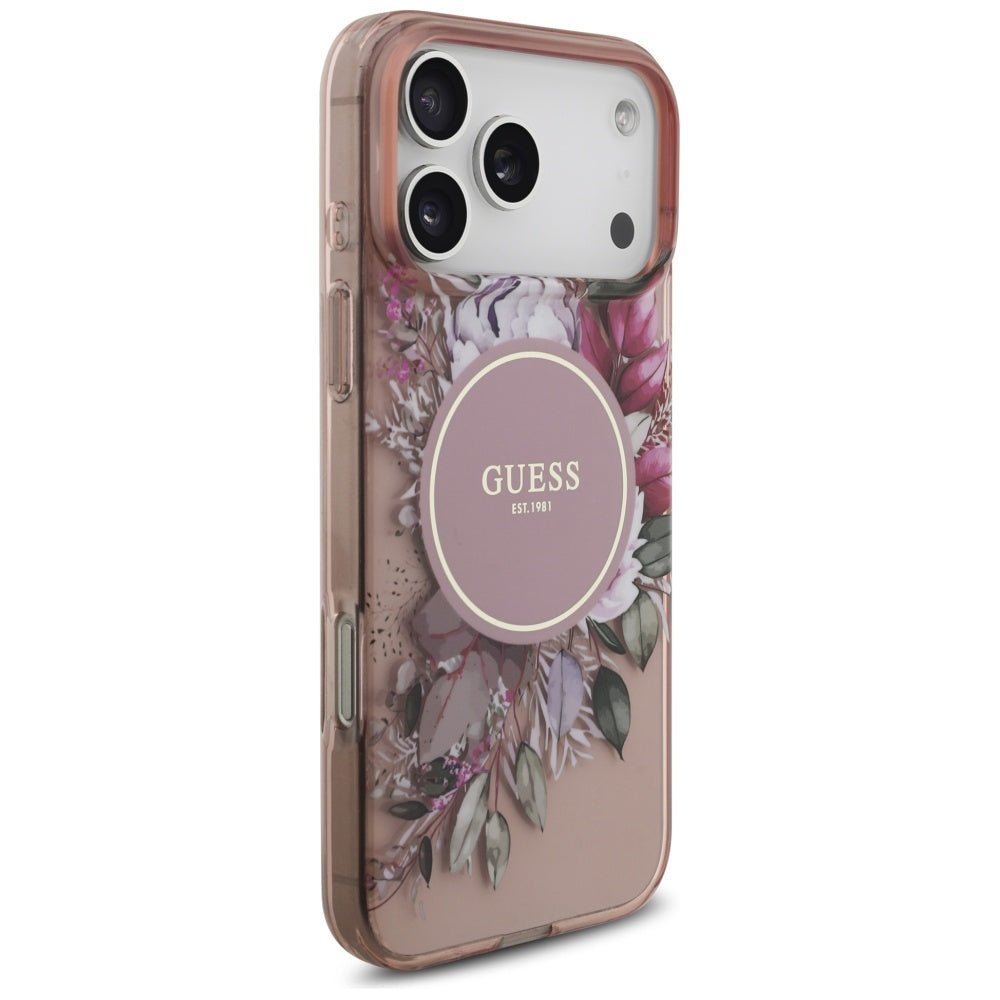 Coque MagSafe pour Apple iPhone 17 Pro Max, Guess, IML Flowers with Pearl Strap, Rose