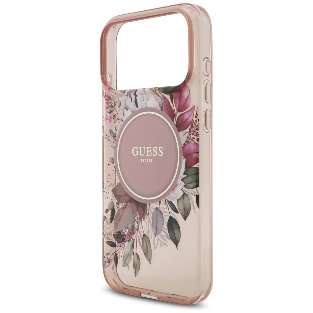 Coque MagSafe pour Apple iPhone 17 Pro Max, Guess, IML Flowers with Pearl Strap, Rose