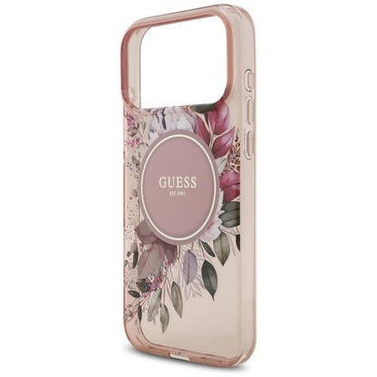 Coque MagSafe pour Apple iPhone 17 Pro Max, Guess, IML Flowers with Pearl Strap, Rose