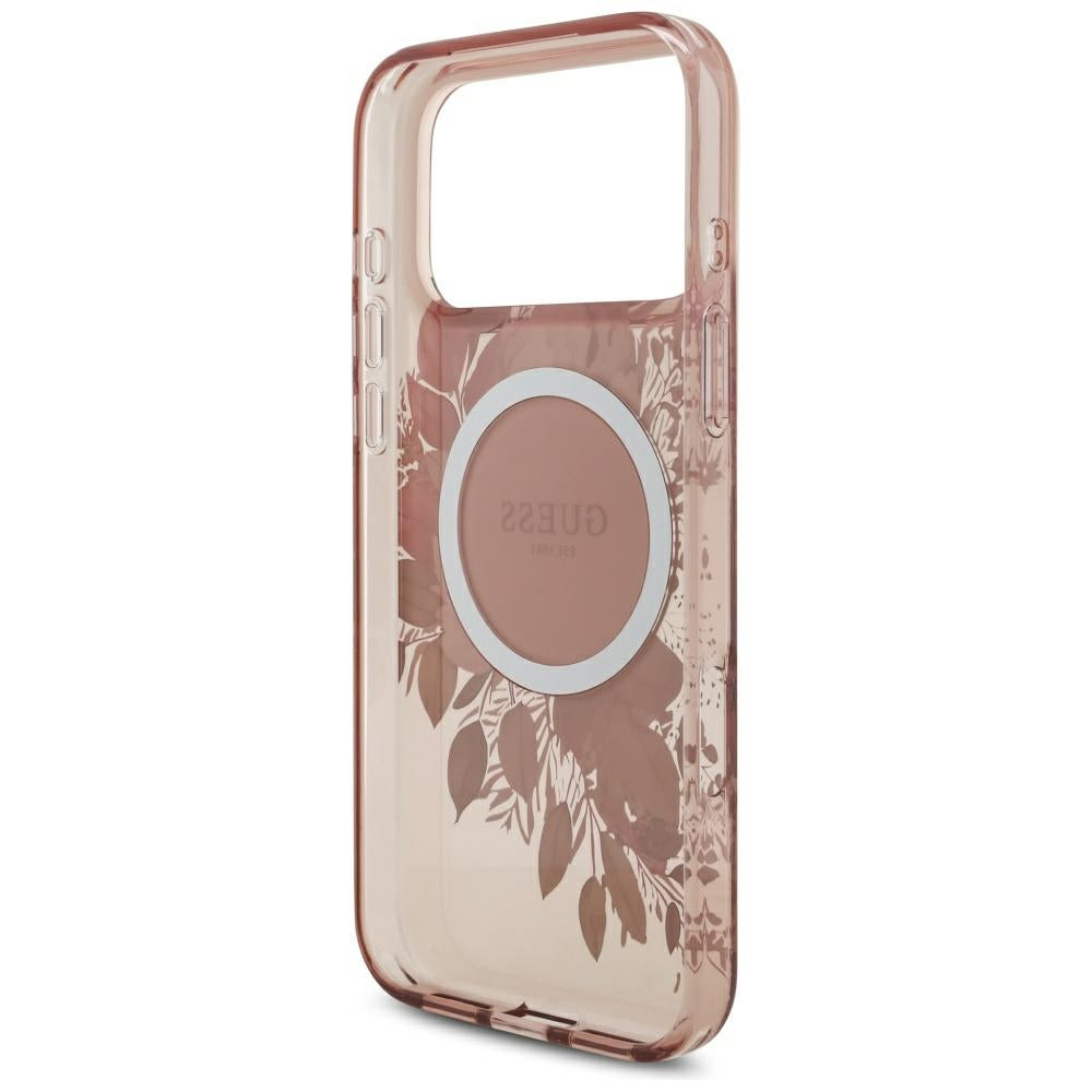Coque MagSafe pour Apple iPhone 17 Pro Max, Guess, IML Flowers with Pearl Strap, Rose