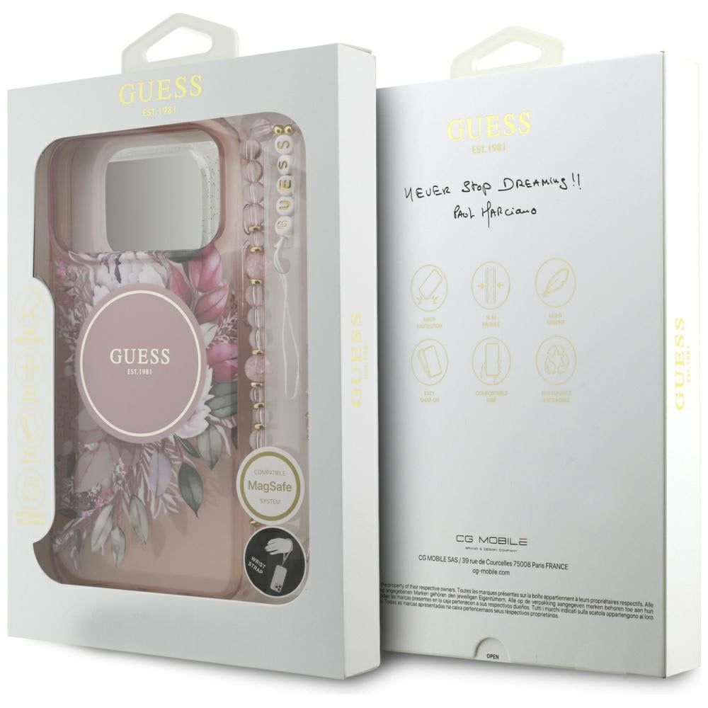 Coque MagSafe pour Apple iPhone 17 Pro Max, Guess, IML Flowers with Pearl Strap, Rose