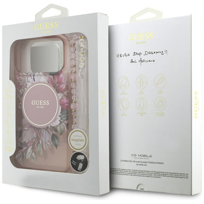 Coque MagSafe pour Apple iPhone 17 Pro Max, Guess, IML Flowers with Pearl Strap, Rose
