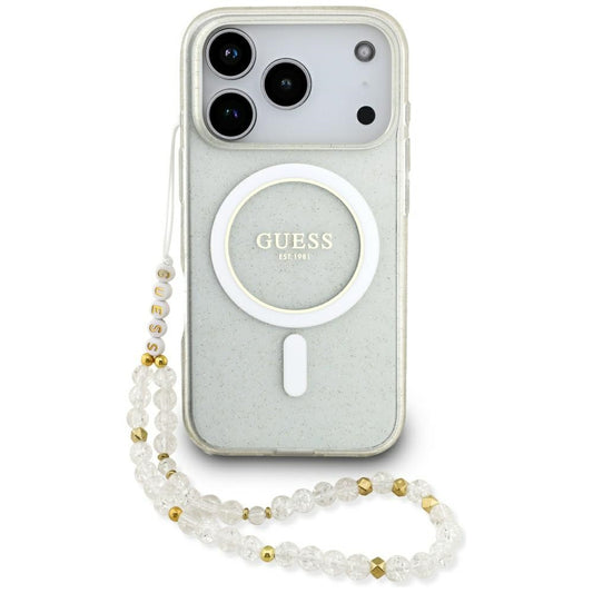 Coque MagSafe pour Apple iPhone 17 Pro Max, Guess, IML Glitter avec sangle perle, Transparente