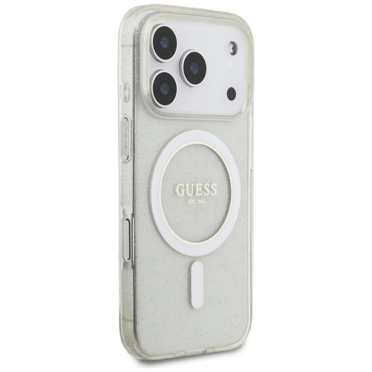 Coque MagSafe pour Apple iPhone 17 Pro Max, Guess, IML Glitter avec sangle perle, Transparente