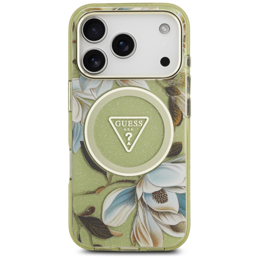 Étui MagSafe pour Apple iPhone 17 Pro Max, Guess, IML Metal Glitter Flowers Triangle, Vert