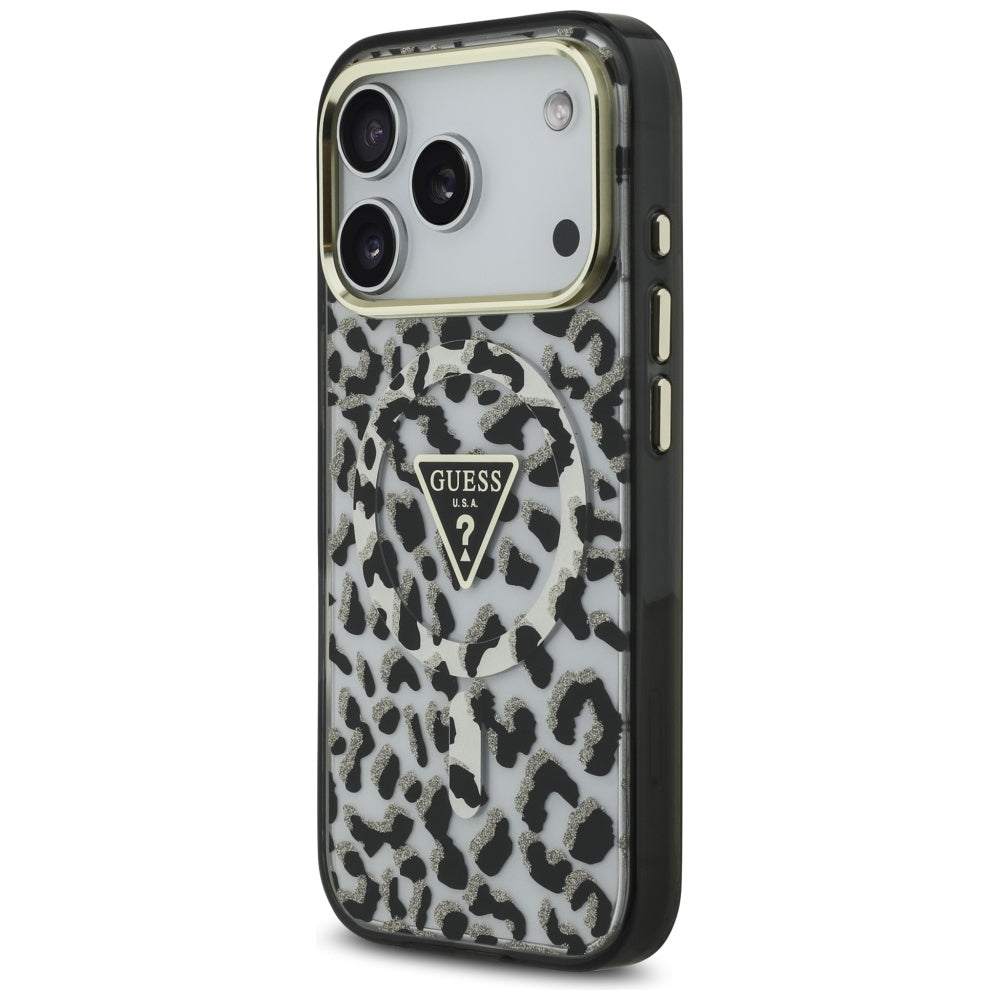 Étui MagSafe pour Apple iPhone 17 Pro Max, Guess, Leopard Glitter, Noir