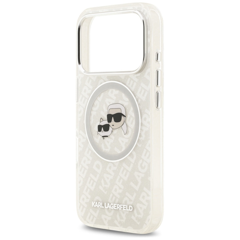 Étui MagSafe pour Apple iPhone 17 Pro Max, Karl Lagerfeld, Glitter Karl & Choupette Head, Blanc