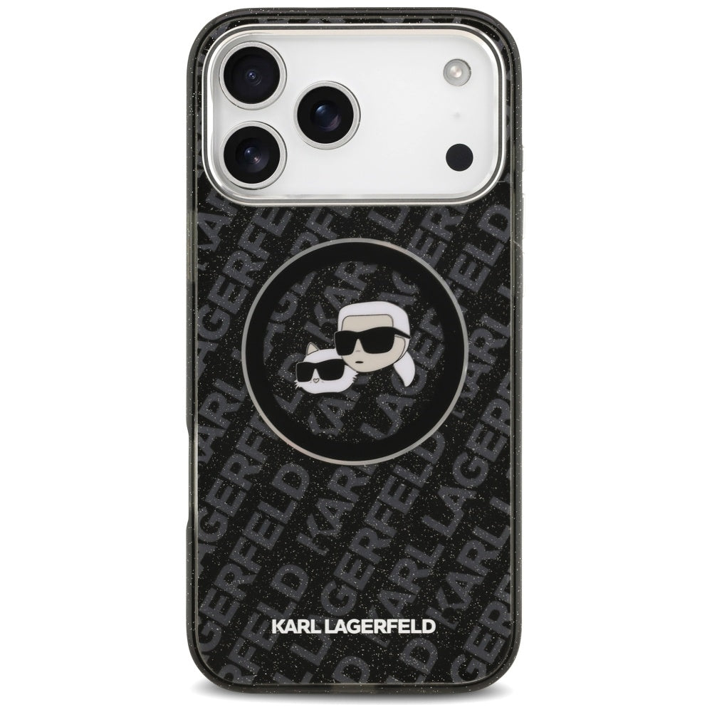 Coque MagSafe pour Apple iPhone 17 Pro Max, Karl Lagerfeld, Glitter Karl & Choupette Head, Noire