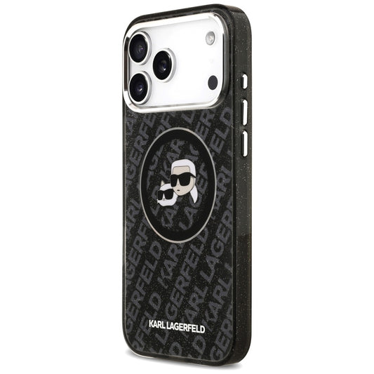 Coque MagSafe pour Apple iPhone 17 Pro Max, Karl Lagerfeld, Glitter Karl & Choupette Head, Noire