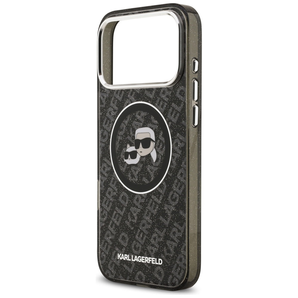 Coque MagSafe pour Apple iPhone 17 Pro Max, Karl Lagerfeld, Glitter Karl & Choupette Head, Noire