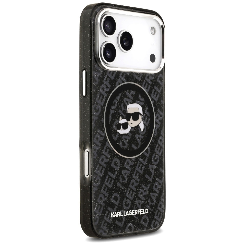 Coque MagSafe pour Apple iPhone 17 Pro Max, Karl Lagerfeld, Glitter Karl & Choupette Head, Noire