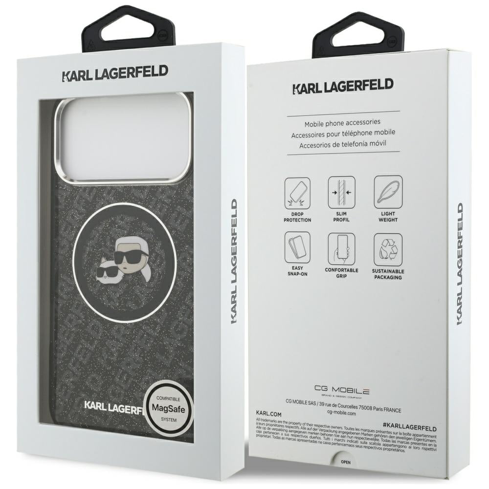 Coque MagSafe pour Apple iPhone 17 Pro Max, Karl Lagerfeld, Glitter Karl & Choupette Head, Noire