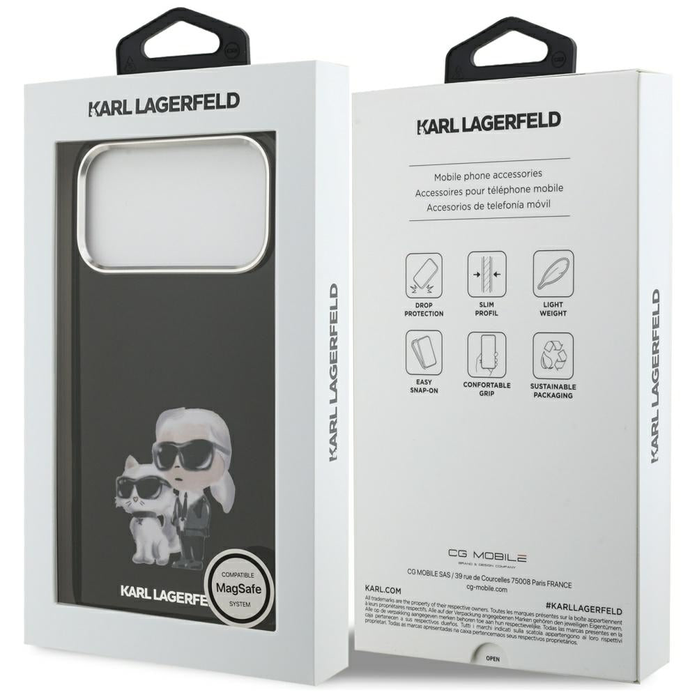 Coque MagSafe pour Apple iPhone 17 Pro Max, Karl Lagerfeld, IML Aquarelle Logo Karl & Choupette, Noire