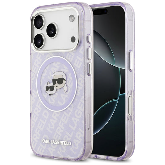Étui MagSafe pour Apple iPhone 17 Pro Max, Karl Lagerfeld, IML Glitter Karl & Choupette's Heads, Violet