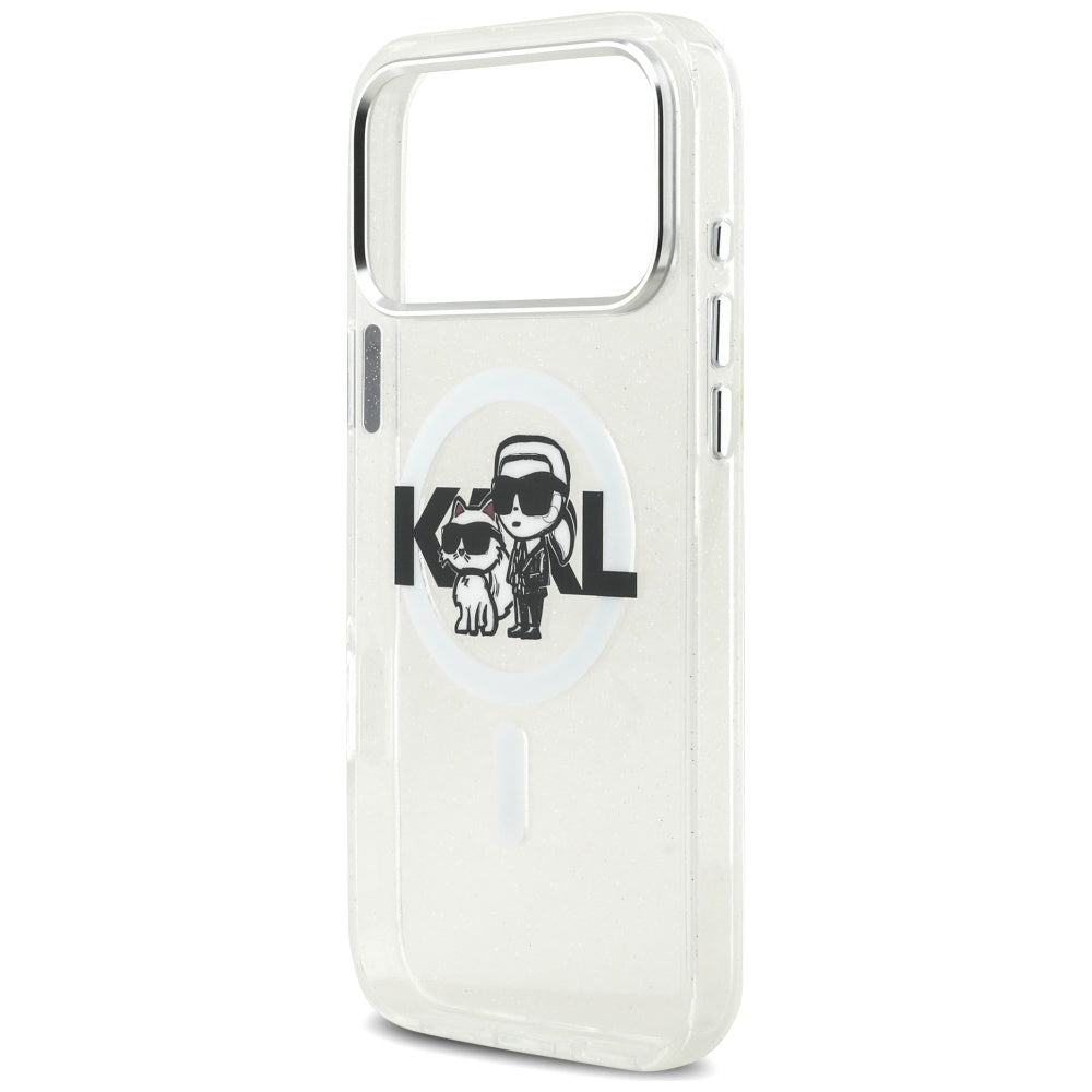 Coque MagSafe pour Apple iPhone 17 Pro Max, Karl Lagerfeld, IML Sketch Logo Glitter Karl & Choupette, Transparente