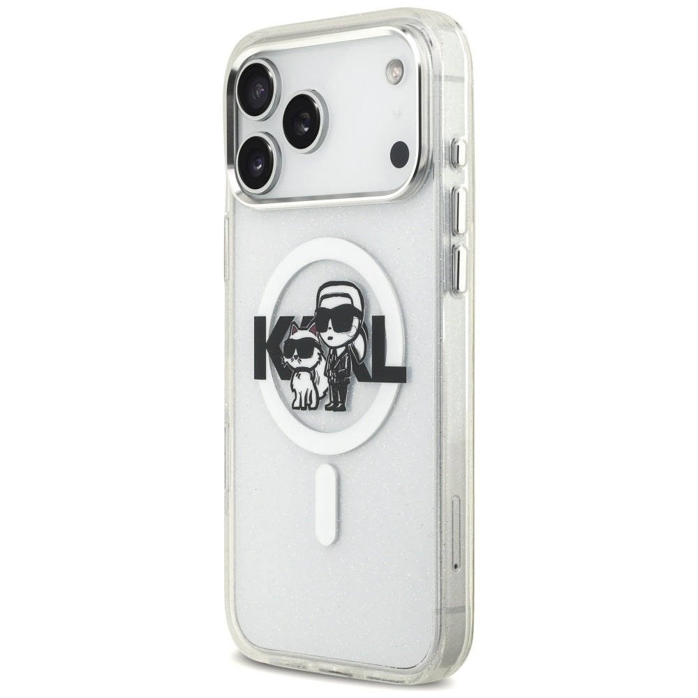 Coque MagSafe pour Apple iPhone 17 Pro Max, Karl Lagerfeld, IML Sketch Logo Glitter Karl & Choupette, Transparente