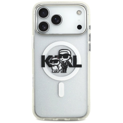 Coque MagSafe pour Apple iPhone 17 Pro Max, Karl Lagerfeld, IML Sketch Logo Glitter Karl & Choupette, Transparente