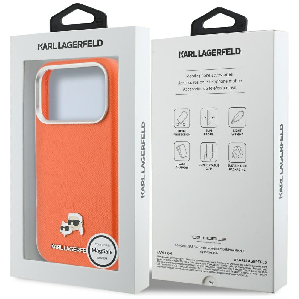 MagSafe Case for Apple iPhone 17 Pro Max, Karl Lagerfeld, Karl & Choupette Head's Pin, Orange