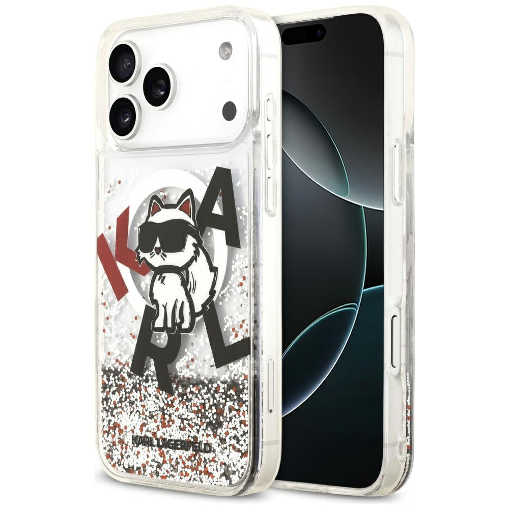 Coque MagSafe pour Apple iPhone 17 Pro Max, Karl Lagerfeld, Logo Paillettes Liquides Choupette, Transparente