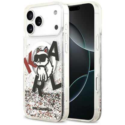Coque MagSafe pour Apple iPhone 17 Pro Max, Karl Lagerfeld, Logo Paillettes Liquides Choupette, Transparente