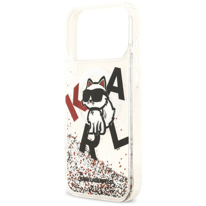 Coque MagSafe pour Apple iPhone 17 Pro Max, Karl Lagerfeld, Logo Paillettes Liquides Choupette, Transparente