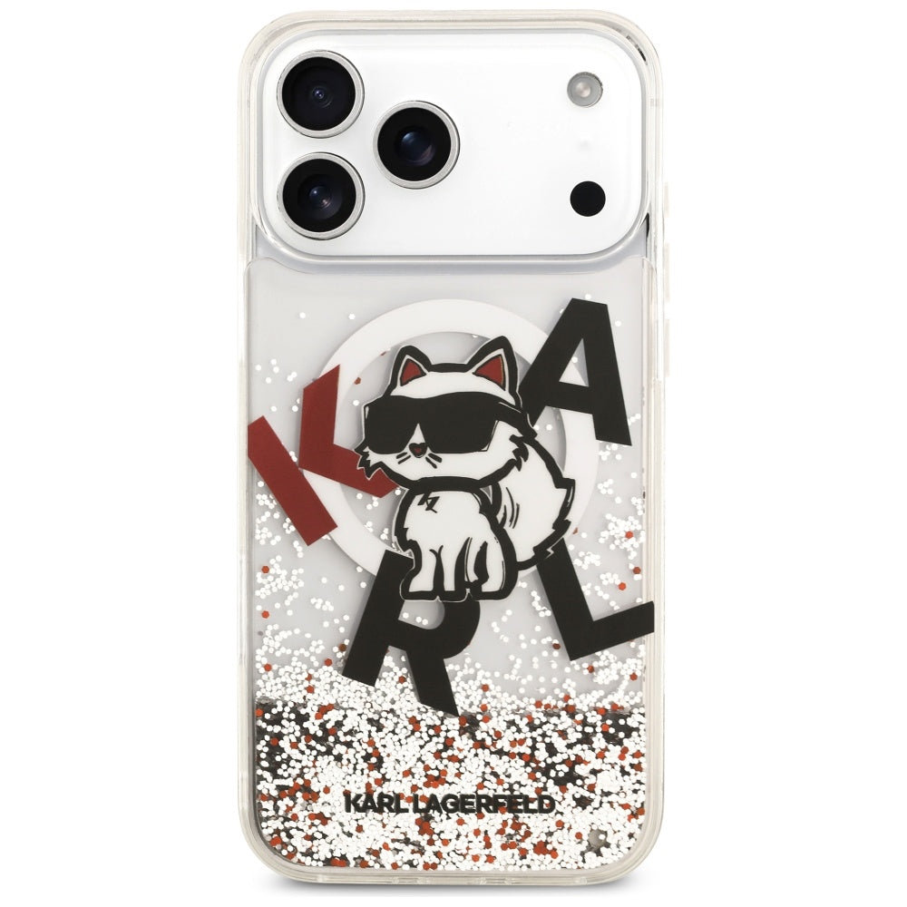 Coque MagSafe pour Apple iPhone 17 Pro Max, Karl Lagerfeld, Logo Paillettes Liquides Choupette, Transparente