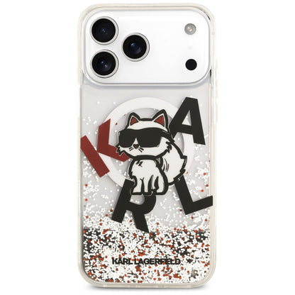 Coque MagSafe pour Apple iPhone 17 Pro Max, Karl Lagerfeld, Logo Paillettes Liquides Choupette, Transparente